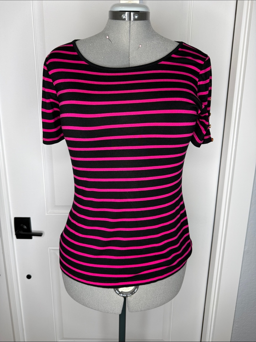 Cable & Gauge Black and Hot Pink Striped Short Sleeve Top